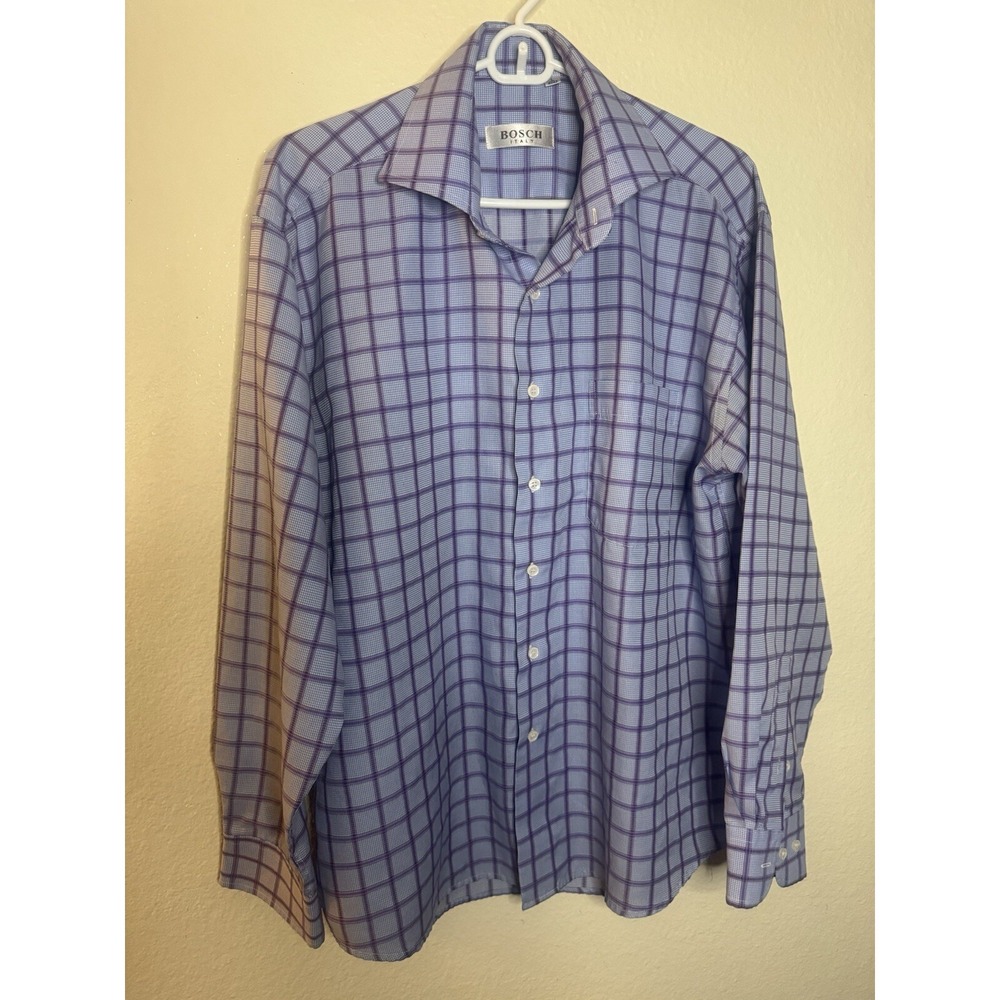 Bosch Italy Men's Long Sleeve Button Down Shirt Light Blue Checkered Sz L 41/42